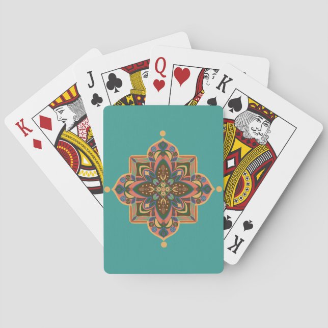 Pfirsich-Mandala mit grünem Hintergrund Spielkarten (Rückseite)