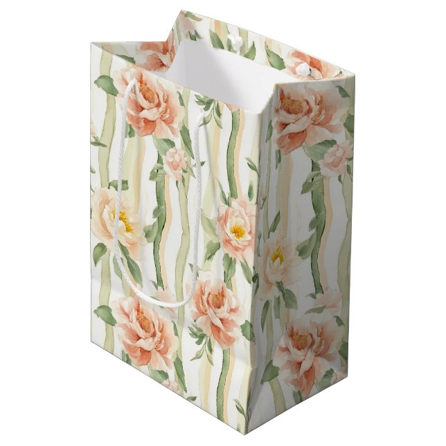Pfirsich-Minz-Rosen-Blumenstreifen-Brautparty Mittlere Geschenktüte (Vorderseite Schrägansicht)