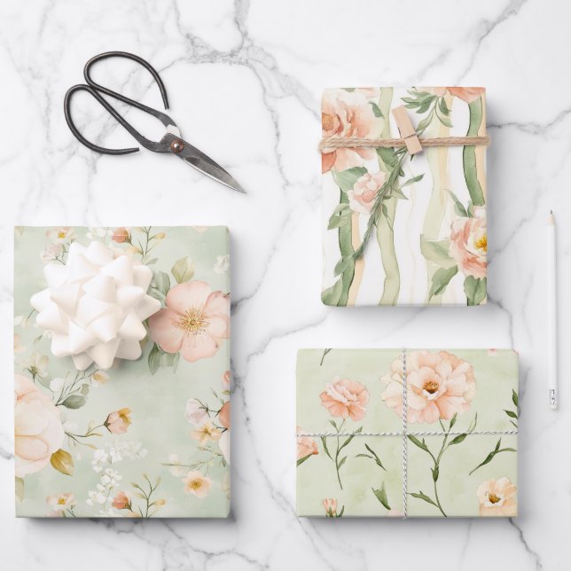 Pfirsich-Minze-Hübsche-Rosen-Blumen-Braut-Party Geschenkpapier Set (Vorderseite)