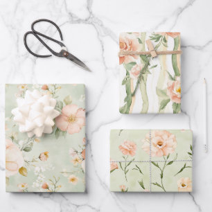 Pfirsich-Minze-Hübsche-Rosen-Blumen-Braut-Show Geschenkpapier Set