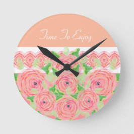 Pfirsich mit rosa Rose Runde Wanduhr