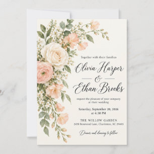 Pfirsich Mohn Elfenbein Rosen Hochzeitseinladung Einladung