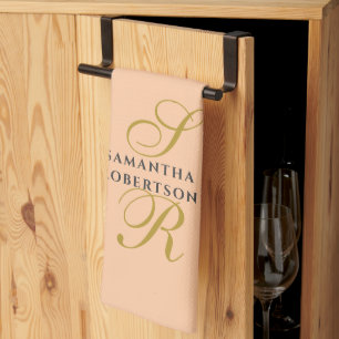Pfirsich-Monogramm Gold-Grau Name Minimalistisch S Geschirrtuch