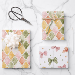 Pfirsich Orange Grün Gelb Errötend Rosa Schleifen  Geschenkpapier Set