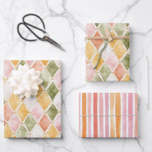 Pfirsich Orange Grün Gelb Errötend Streifen Geburt Geschenkpapier Set