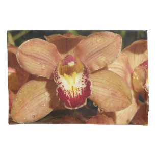 Pfirsich-Orchideen mit Regentropfen-Blumen Kissenbezug