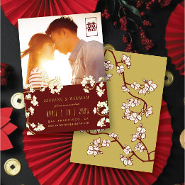 Pfirsich-/Pflaumebluten-Doppel-Xi-Foto Chinesisch Save The Date