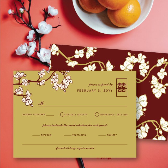 Pfirsich/Pflaumenblüten Rotes Doppelglückssehen RSVP Karte (Peach/Plum Blossoms Red Double Happiness Wedding RSVP Card @ fatfatin_red_knot)
