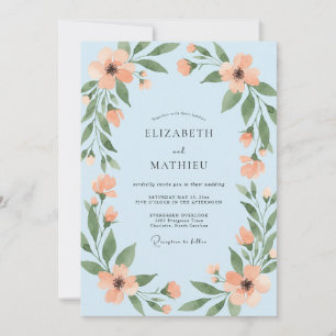 Pfirsich-Puderblau-Wildblumen-Hochzeit Einladung