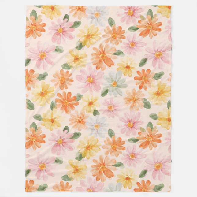 Pfirsich Rosa Gelb Blaue Blumen  Fleecedecke (Vorderseite)