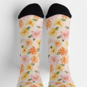 Pfirsich Rosa Gelb Blaue Blumen Socken