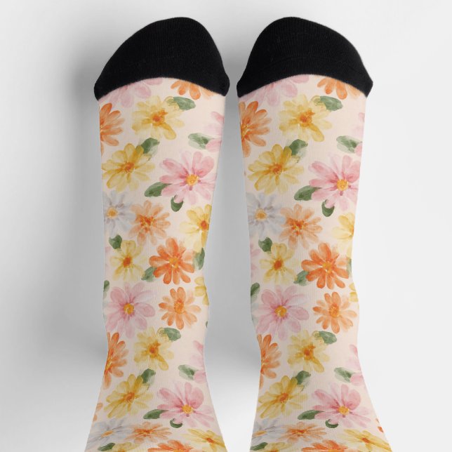 Pfirsich Rosa Gelb Blaue Blumen Socken (Oben)