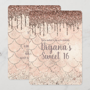 Pfirsich Rosa Glitter-Tropfen Meerjungfrau Sweet 1 Einladung