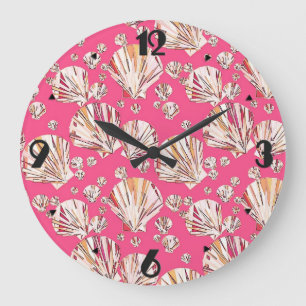 Pfirsich, rosa Muscheln, korallenrosa Hintergrund Große Wanduhr
