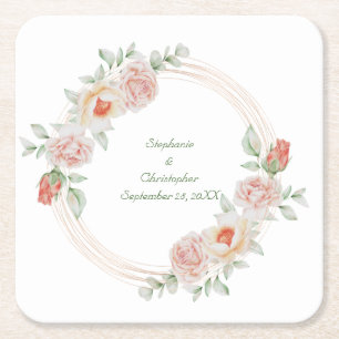 Pfirsich-Rosa-Pink-Grüne Blumengoldrahmen-Hochzeit Rechteckiger Pappuntersetzer