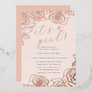 Pfirsich Rosa Roségold It's a Girl Baby Shower Folieneinladung