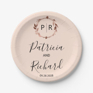 Pfirsich-Rosa Rosen-Goldfolie Monogramm Hochzeit Pappteller