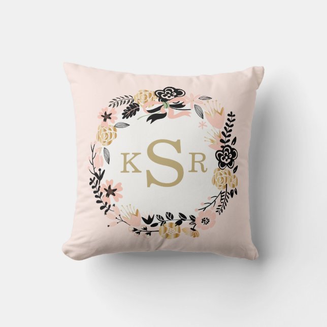 Pfirsich-rosa schwarzes GoldblumenWreath mit Kissen (Vorderseite)