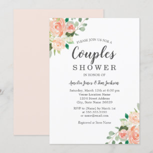 Pfirsich-Rosa-Wasserfarben-Blumen-Paar-Shower Einladung
