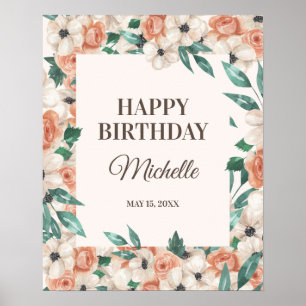 Pfirsich-Rosa-Weiße Blumige Happy Birthday-Party Poster