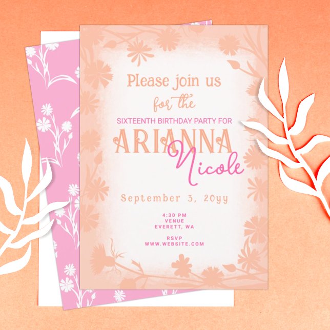Pfirsich, Rosa Wilde Blume Süß 16 Geburtstag Einladung (peach pink sweet 16 sixteen birthday party invitation wild flowers daisies spring summer template)