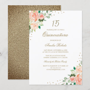 Pfirsich-Roségold-Blumen-Quinceanera-Einladung Einladung