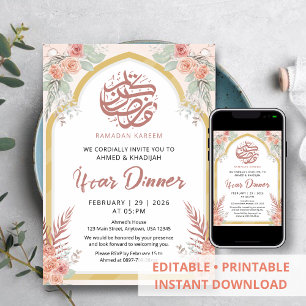 Pfirsich-Rosen-Blumenbogen-Ramadan-Iftar-Einladung Einladung