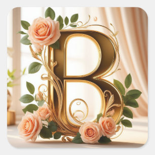 🌷 Pfirsich-Rosen-Hochzeits-Anfangsbuchstabe B Dek Quadratischer Aufkleber