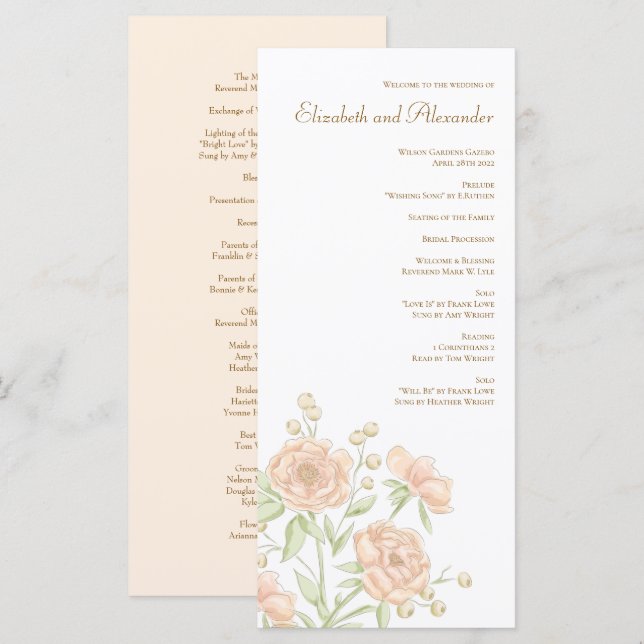 Pfirsich-Rosen-Hochzeitsprogramme Menükarte (Vorne/Hinten)