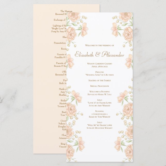 Pfirsich-Rosen-Hochzeitsprogramme Menükarte (Vorne/Hinten)