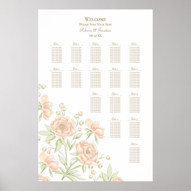 Pfirsich-Rosen-Hochzeitssitzplan Poster (Vorne)