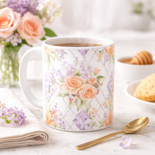 Pfirsich-Rosen-Lavendel-Cottagecore-Blumen-Kaffeet Kaffeetasse