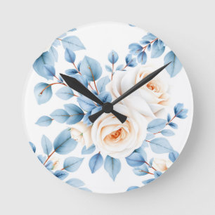 Pfirsich-Rosen Staubblau-Eukalyptus-Muster Runde Wanduhr