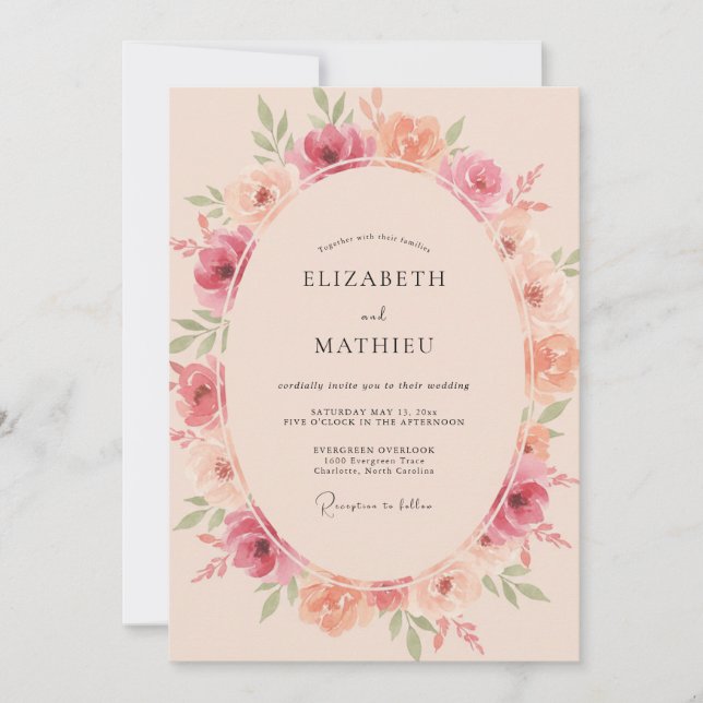 Pfirsich-Röte-Blumen-Hochzeit Einladung (Vorderseite)