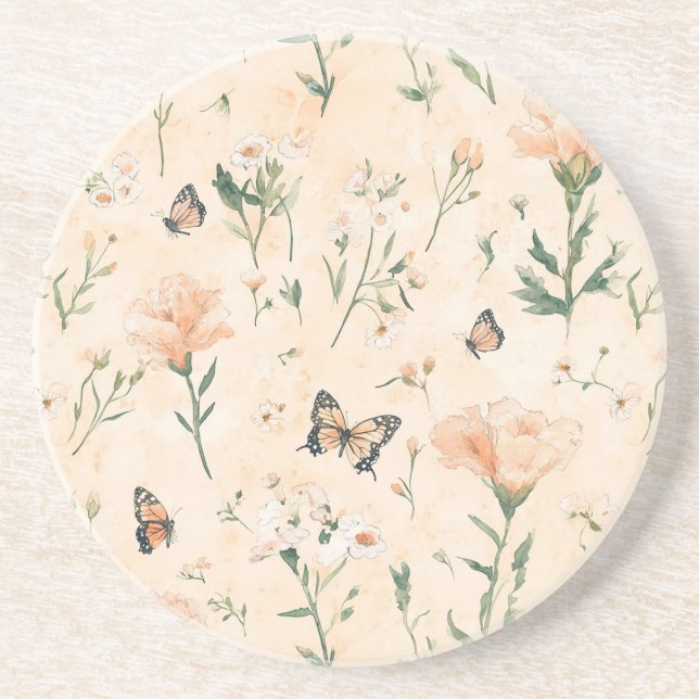 Pfirsich Schmetterlinge Floral Getränkeuntersetzer (Vorne)