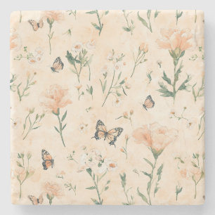 Pfirsich Schmetterlinge Floral Steinuntersetzer