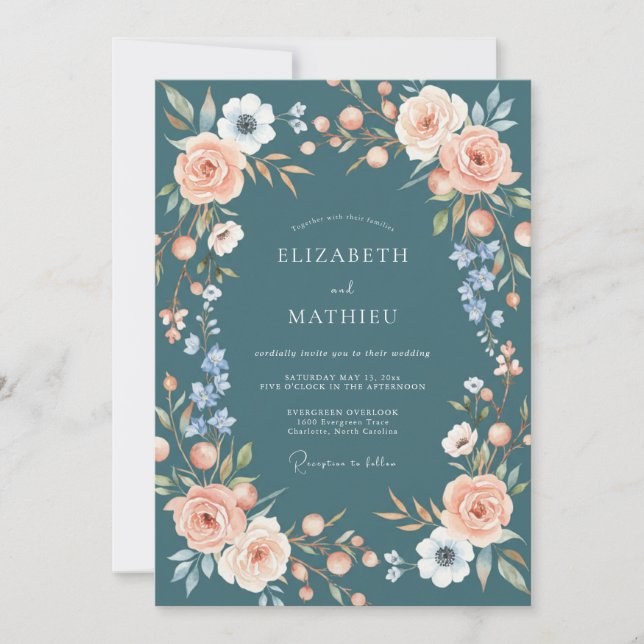 Pfirsich Serene Florale Romanze Hochzeit Einladung (Vorderseite)