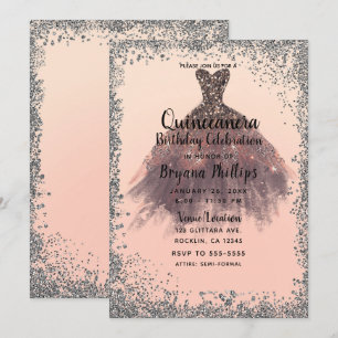 Pfirsich-u. Silber-Glitzer-Party-Kleid Quinceañera Einladung
