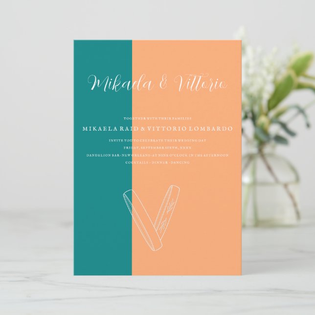 Pfirsich und Aquamarine Hochzeit Einladung (Stehend Vorderseite)