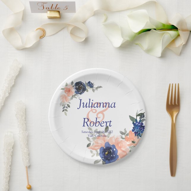 Pfirsich und blaues Hochzeitspapier Pappteller (Hochzeit)