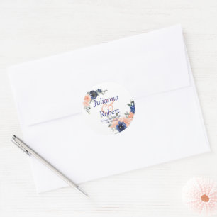 Pfirsich- und Blautöne Wasserfarbe Blumen Hochzeit Runder Aufkleber