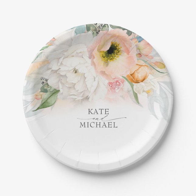 Pfirsich und Blush Pink Blues Hochzeit Pappteller (Vorderseite)