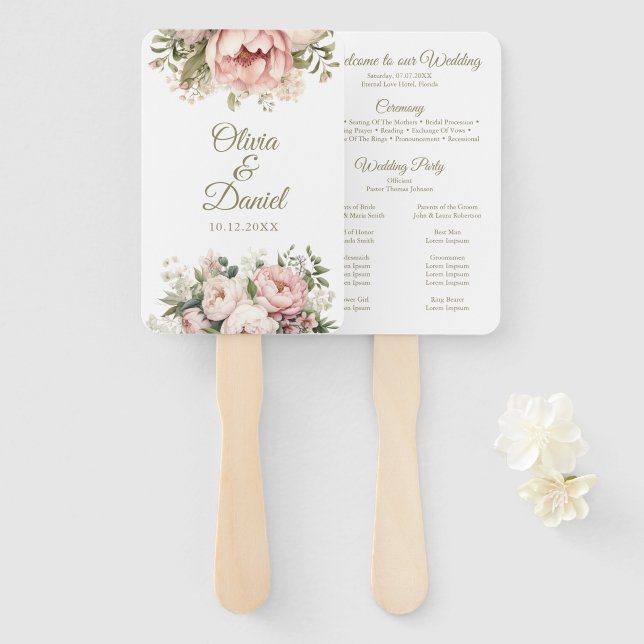Pfirsich und Blush Pink Blues Hochzeitsprogramm Fächer (Vorne und Hinten)