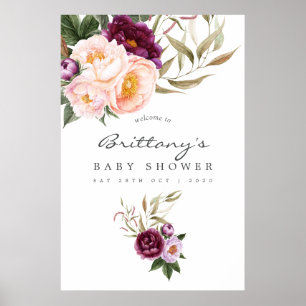 Pfirsich- und Burgunder-Blumen-Baby-Shower-Willkom Poster