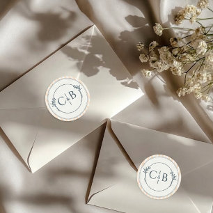 Pfirsich- und Creme-gestreiftes Monogramm-Hochzeit Runder Aufkleber