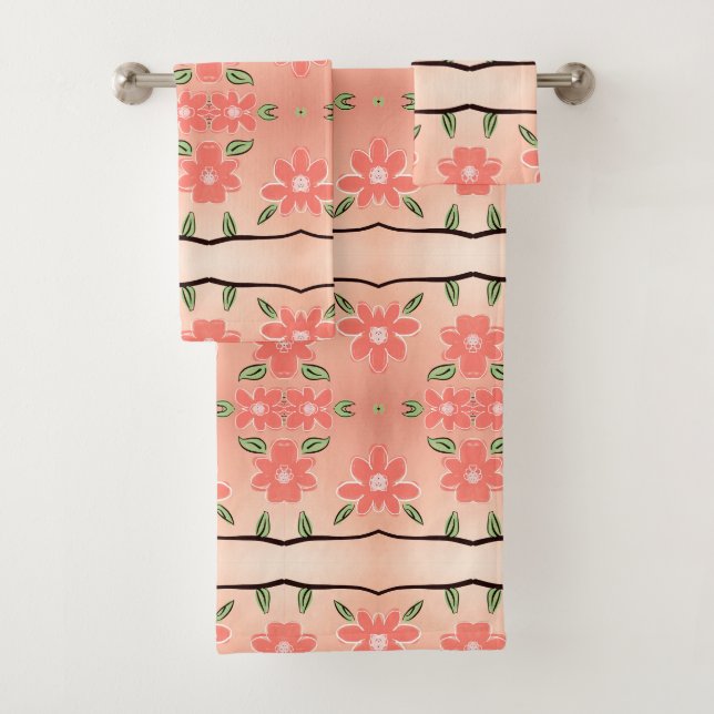 Pfirsich und farbiges Schwarz-Flora-Handtuch-Set Badhandtuch Set (Insitu)