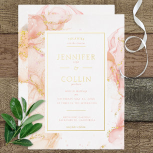 Pfirsich- und Goldfolie-Marmor-Hochzeitseinladung Folieneinladung