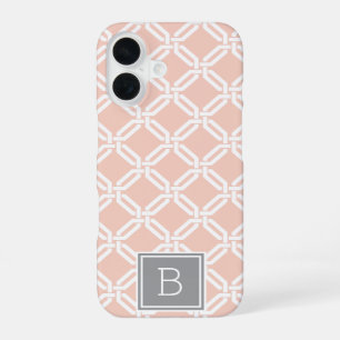 Pfirsich- und Grau-Gittermuster-Monogramm iPhone 16 Hülle