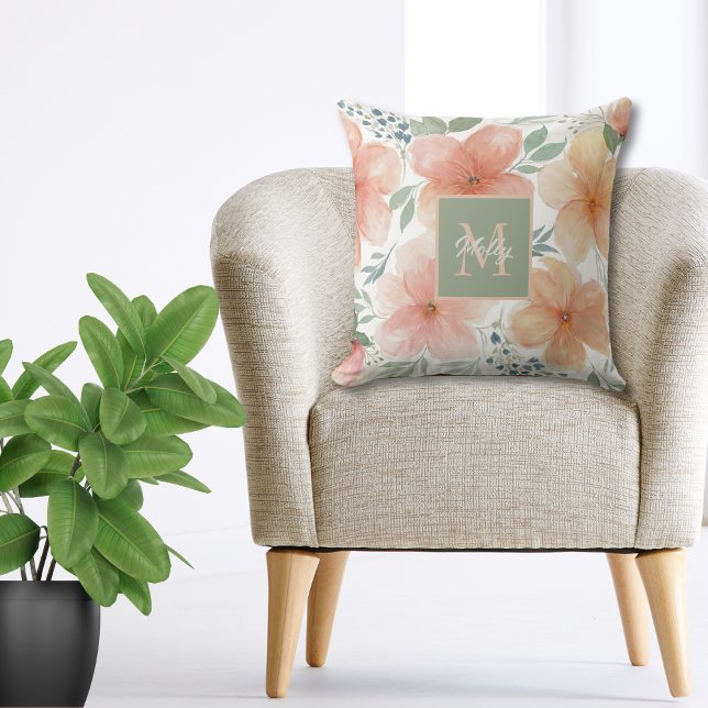 Pfirsich und grünes Aquarelltuch Kissen (Von Creator hochgeladen)