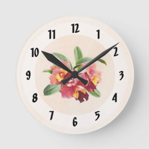 Pfirsich- und Karmesinrote Cattleya-Orchideen Runde Wanduhr